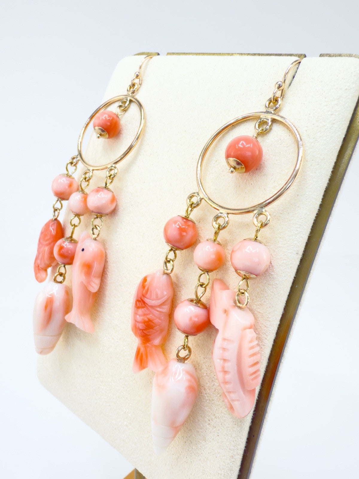 14k Yellow Gold Natural Pink Coral Sealife Chandelier Earrings, Handcrafted