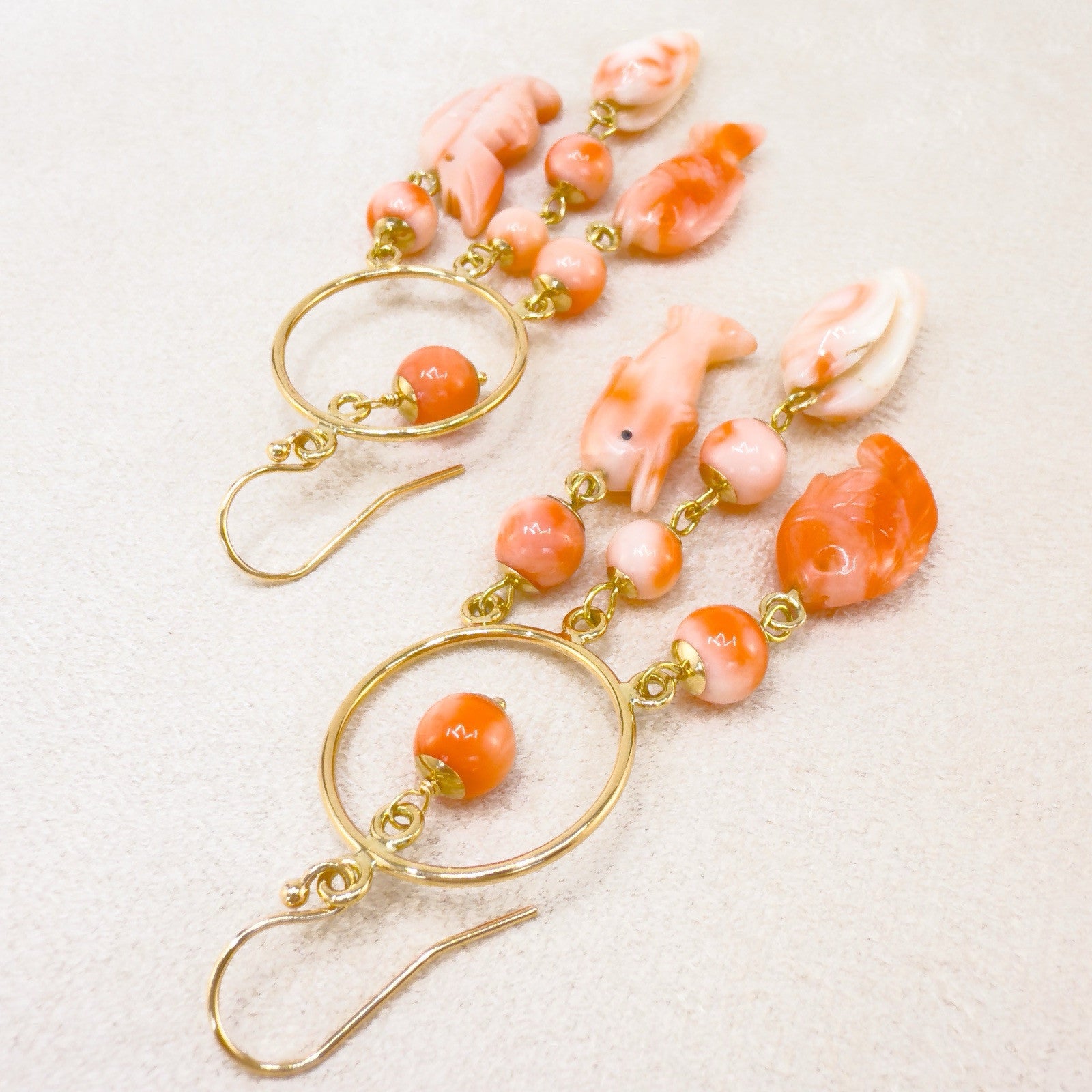 14k Yellow Gold Natural Pink Coral Sealife Chandelier Earrings, Handcrafted