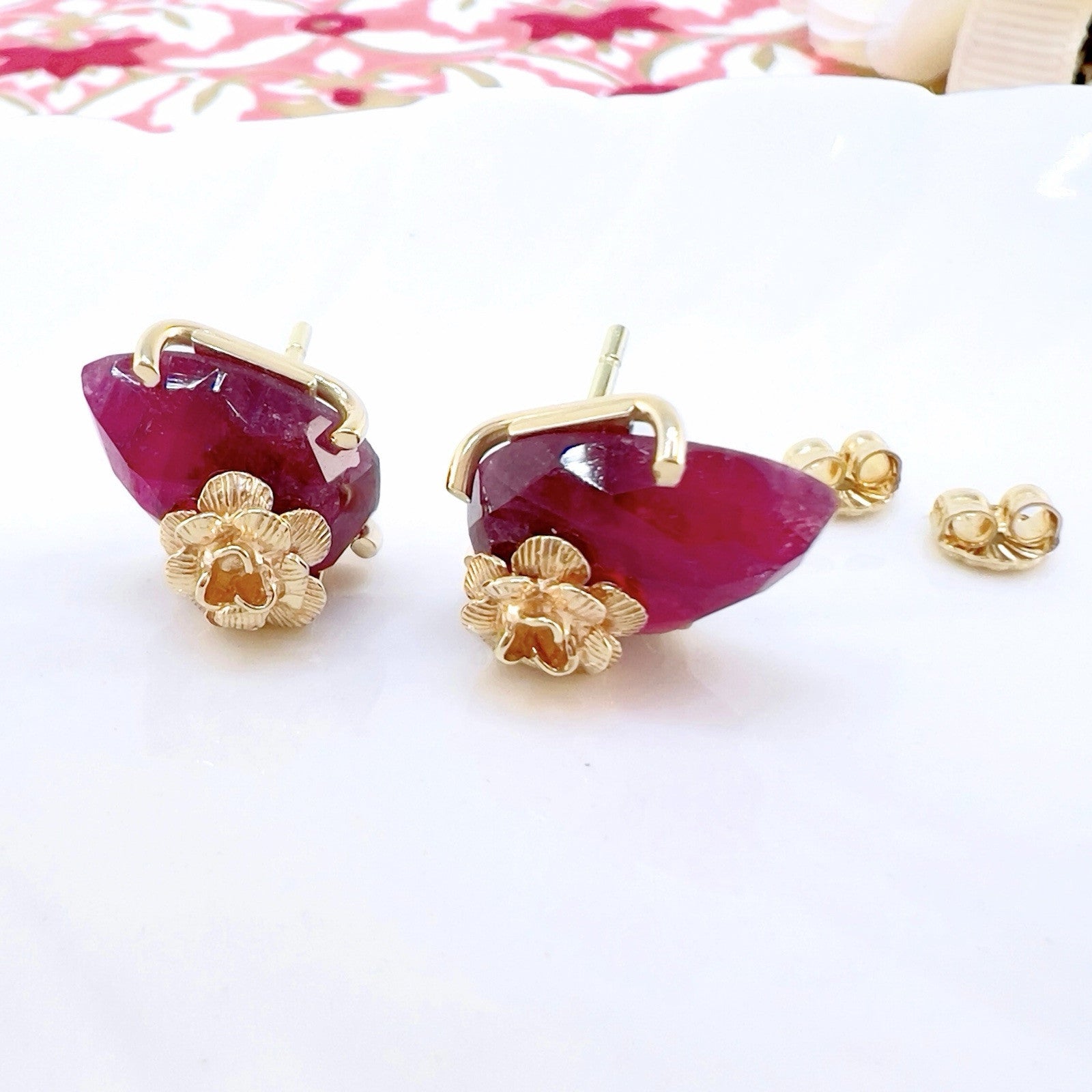 14k Yellow Gold Rose & Tourmaline Stud Earrings, Newly Handcrafted