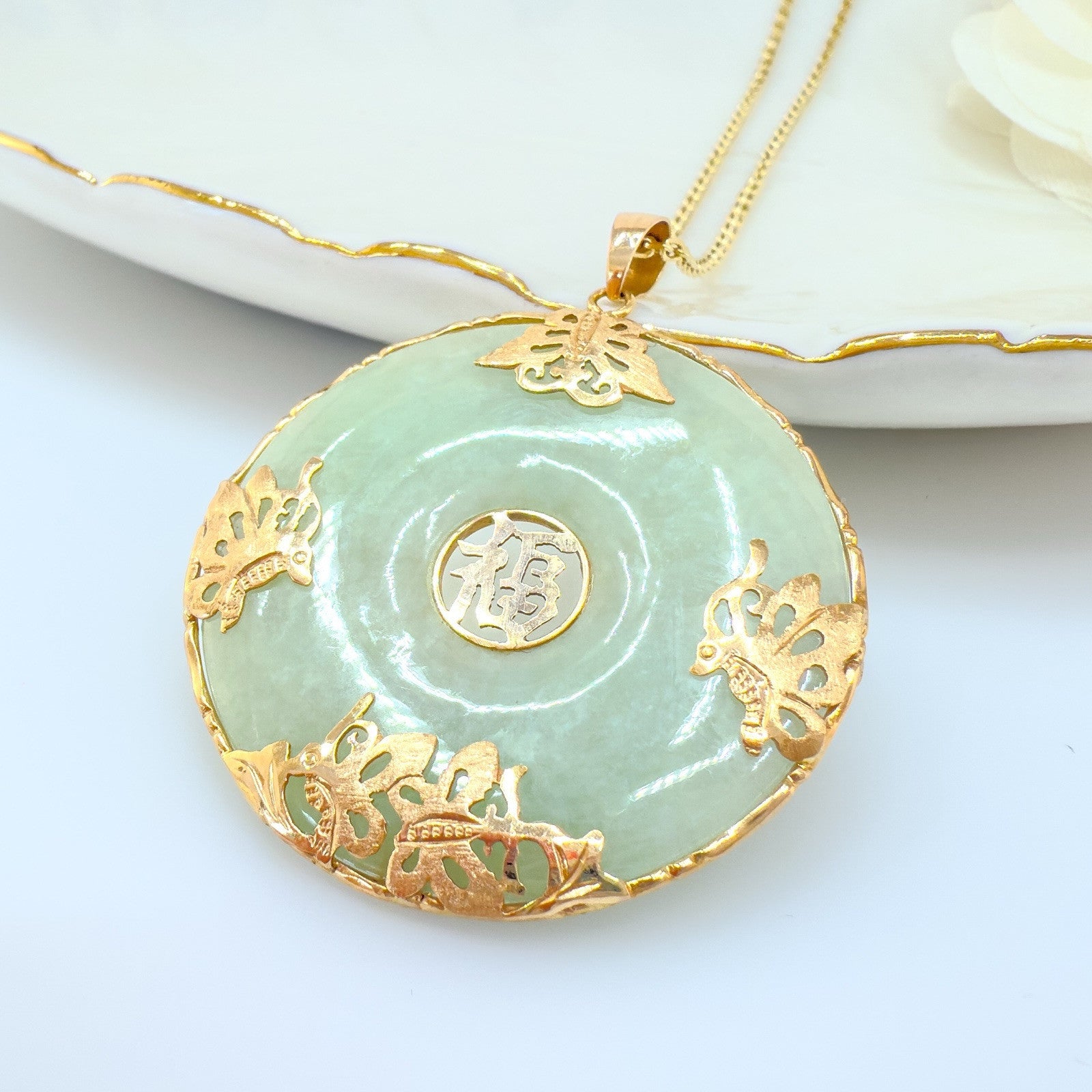 14k Yellow Gold Genuine Apple Green Jadeite Jade Butterfly Luck Pendant