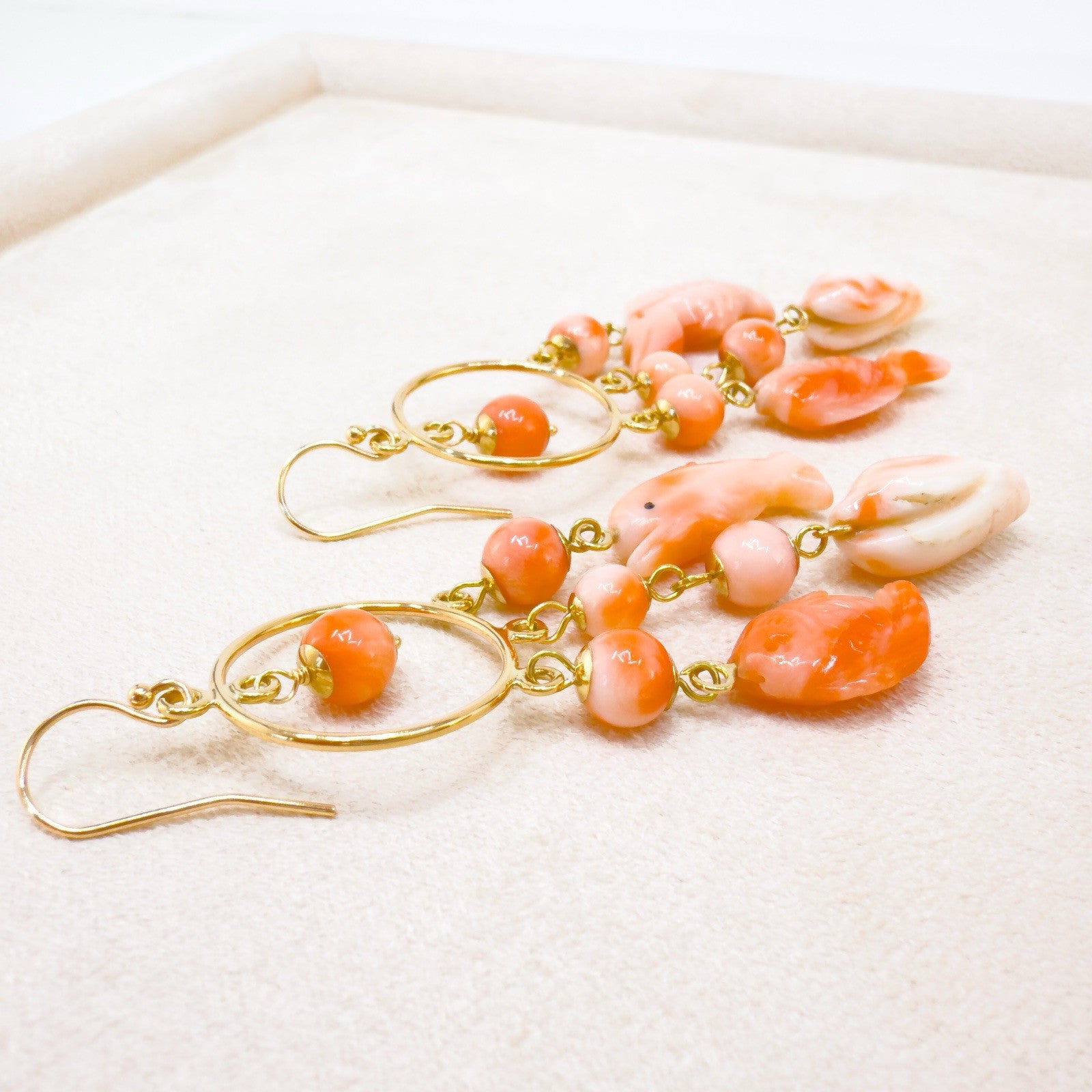 14k Yellow Gold Natural Pink Coral Sealife Chandelier Earrings, Handcrafted