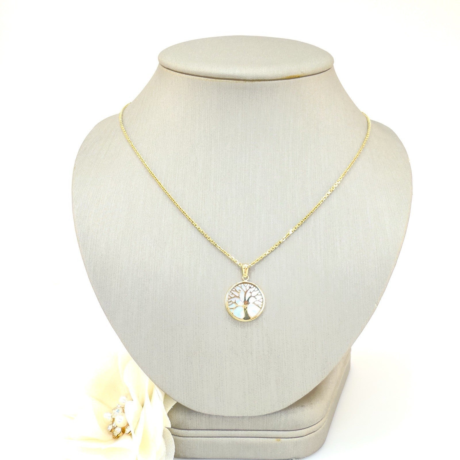 14k Yellow Gold & Genuine Mother of Pearl Tree of Life Charm Pendant, New