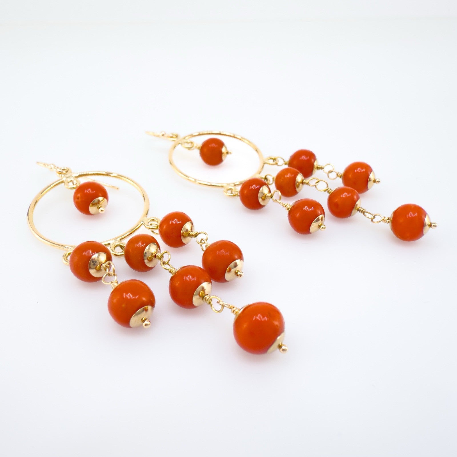 14k Yellow Gold Natural Mediterranean Red Coral Chandelier Earrings, Handcrafted