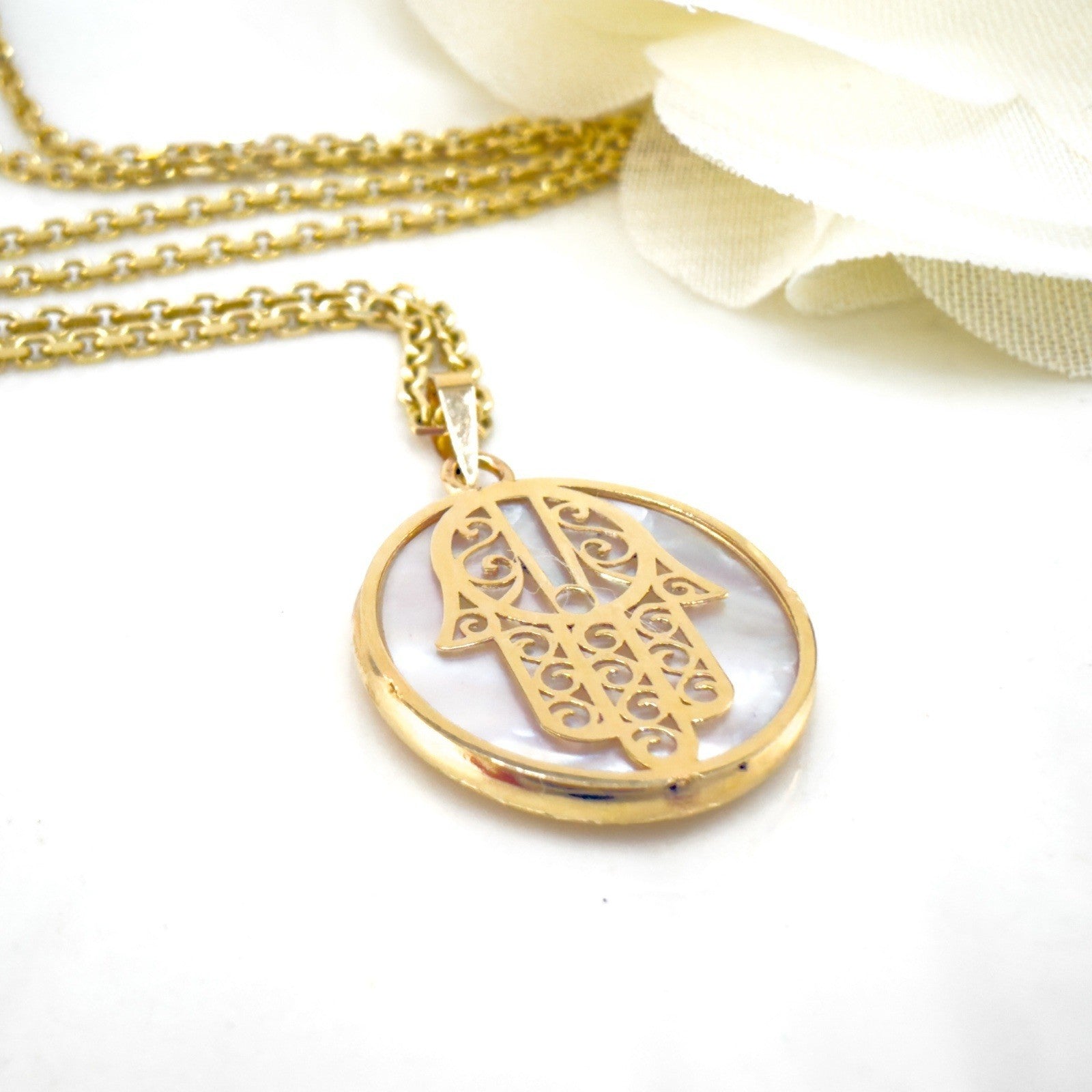 14k Yellow Gold & Genuine Mother of Pearl Hamsa Hand Charm Pendant, New