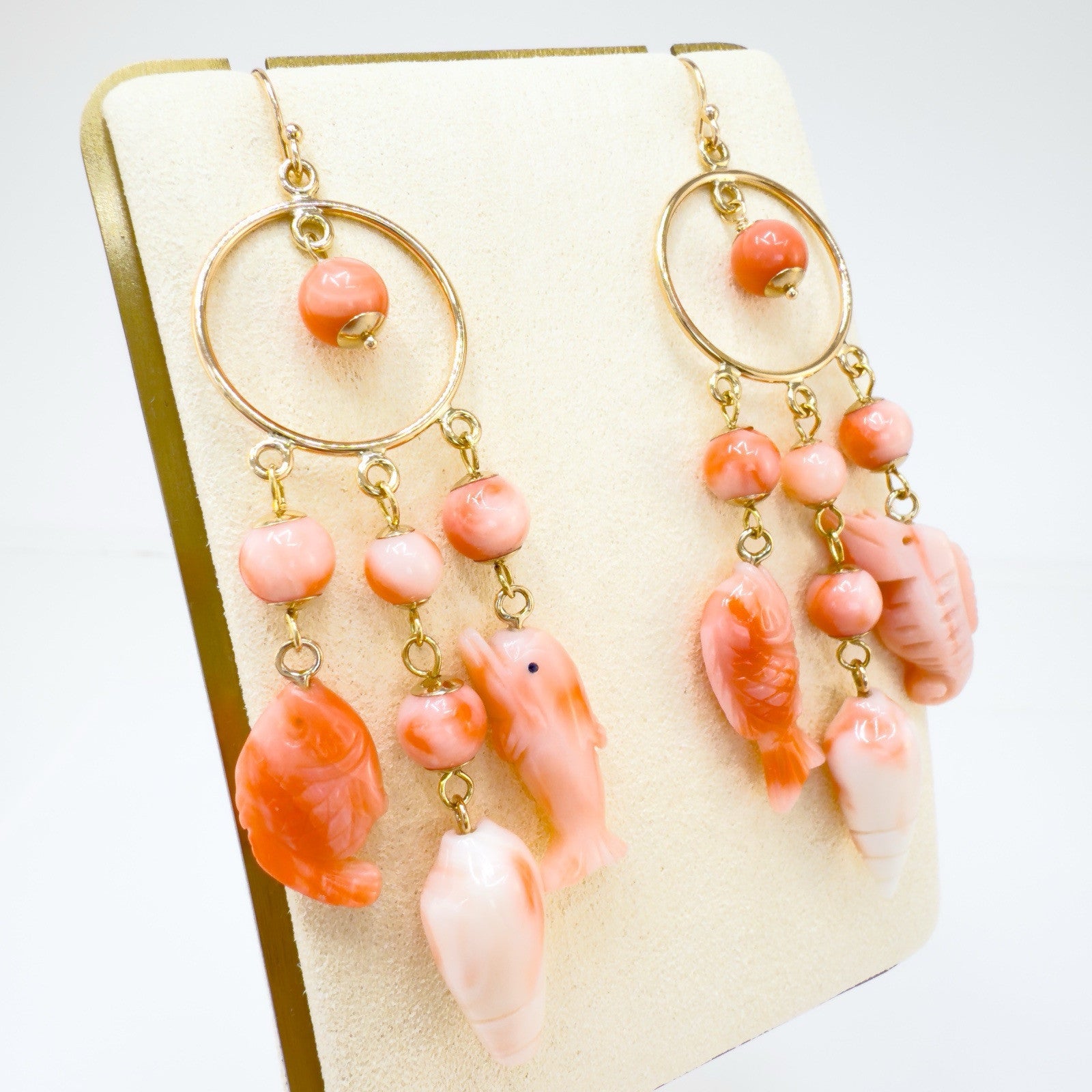 14k Yellow Gold Natural Pink Coral Sealife Chandelier Earrings, Handcrafted