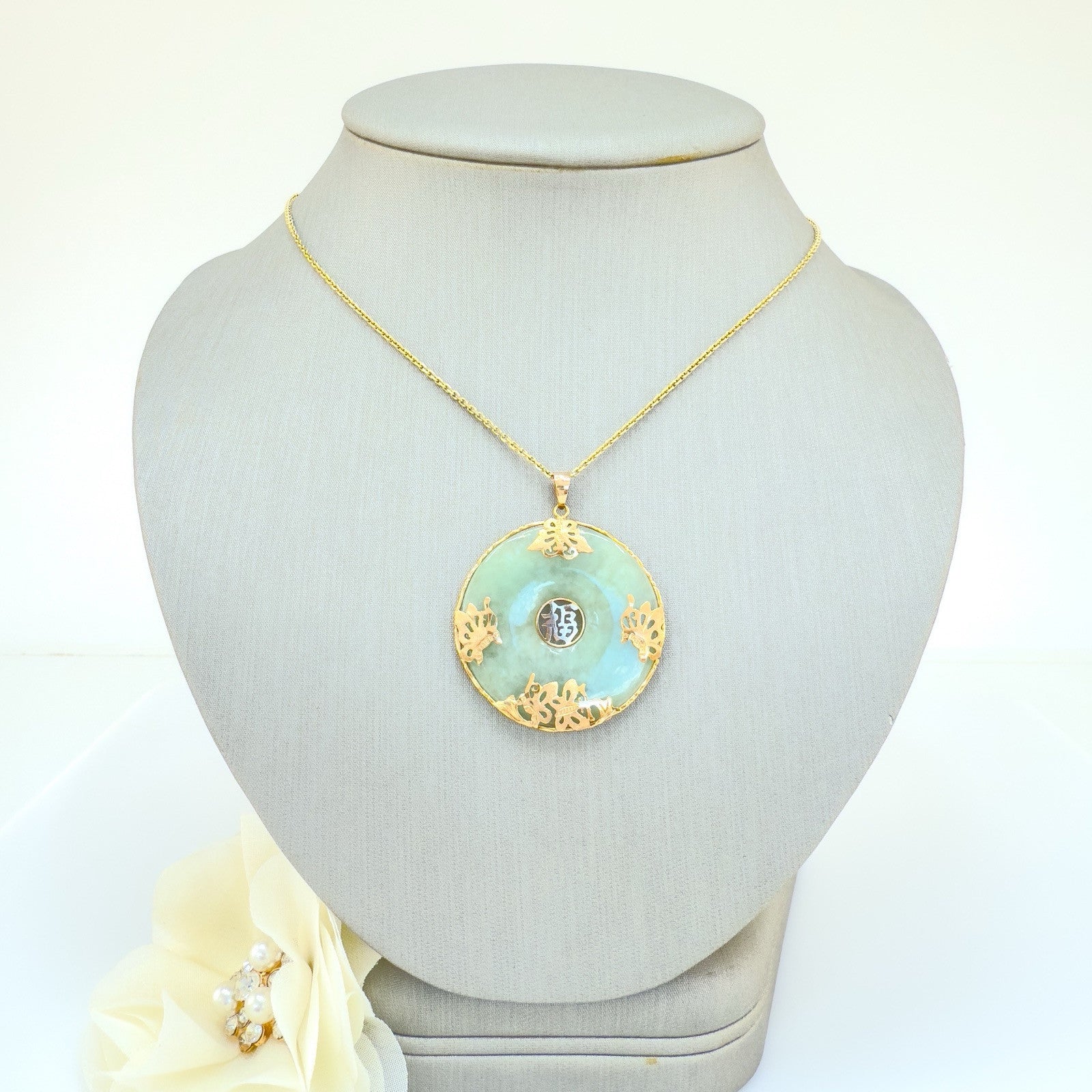 14k Yellow Gold Genuine Apple Green Jadeite Jade Butterfly Luck Pendant