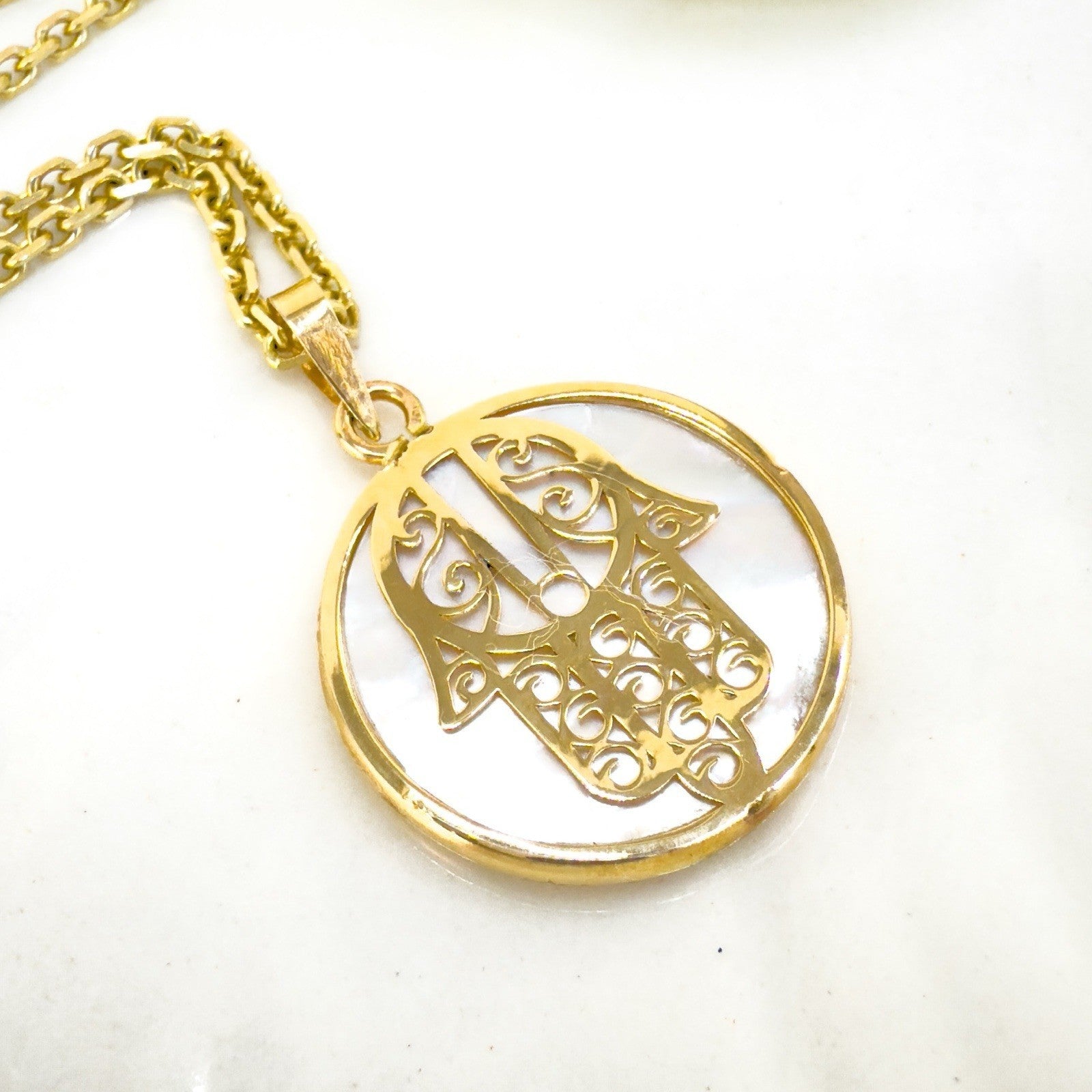 14k Yellow Gold & Genuine Mother of Pearl Hamsa Hand Charm Pendant, New