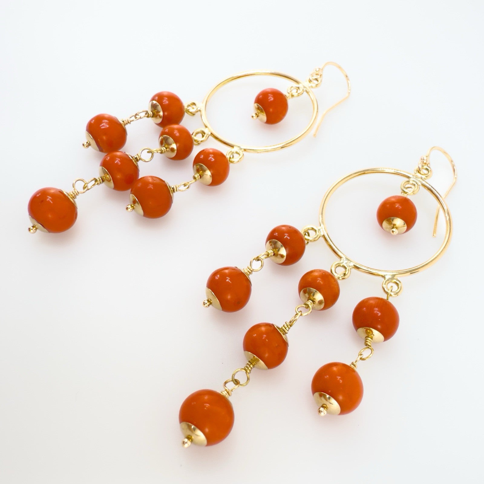 14k Yellow Gold Natural Mediterranean Red Coral Chandelier Earrings, Handcrafted
