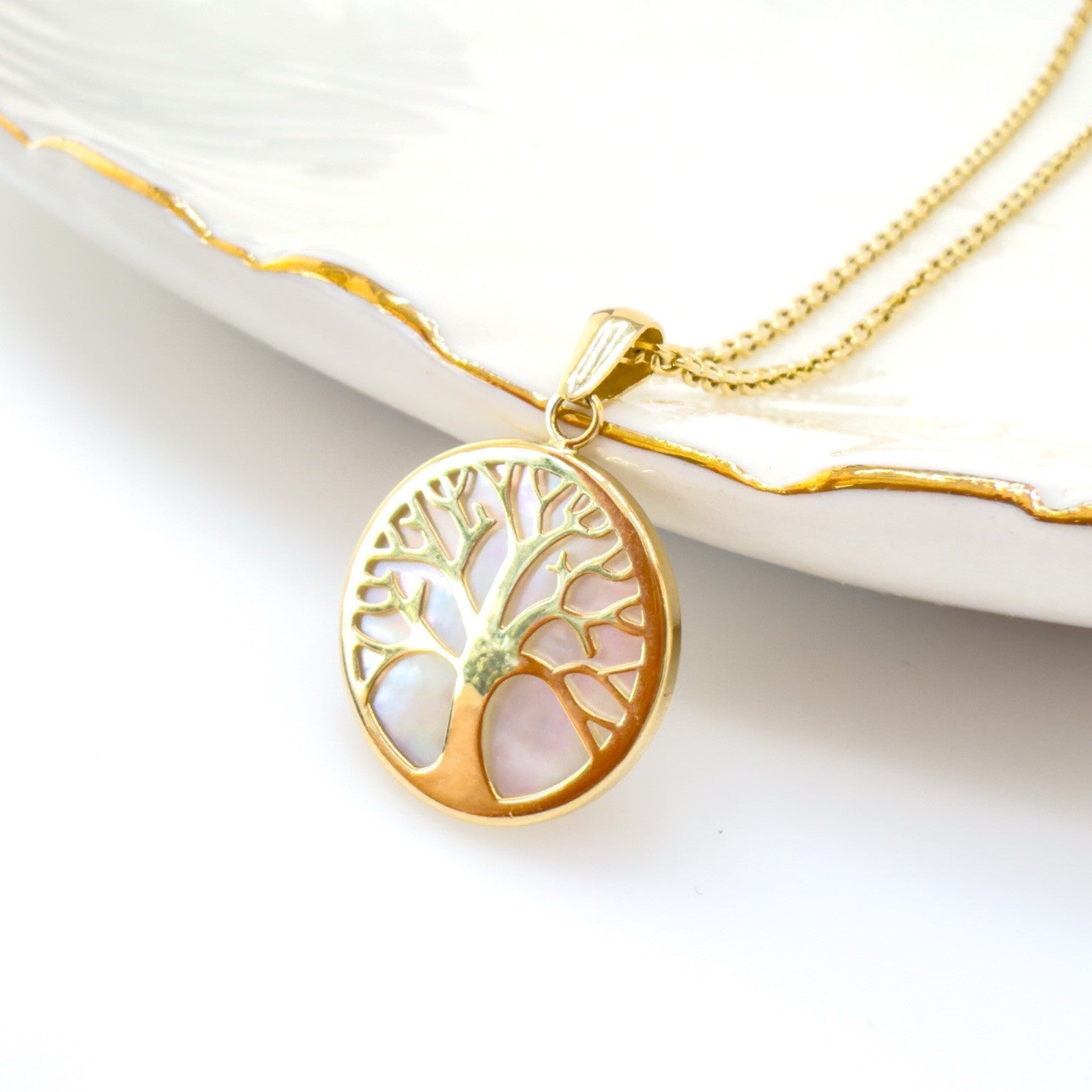 14k Yellow Gold & Genuine Mother of Pearl Tree of Life Charm Pendant, New