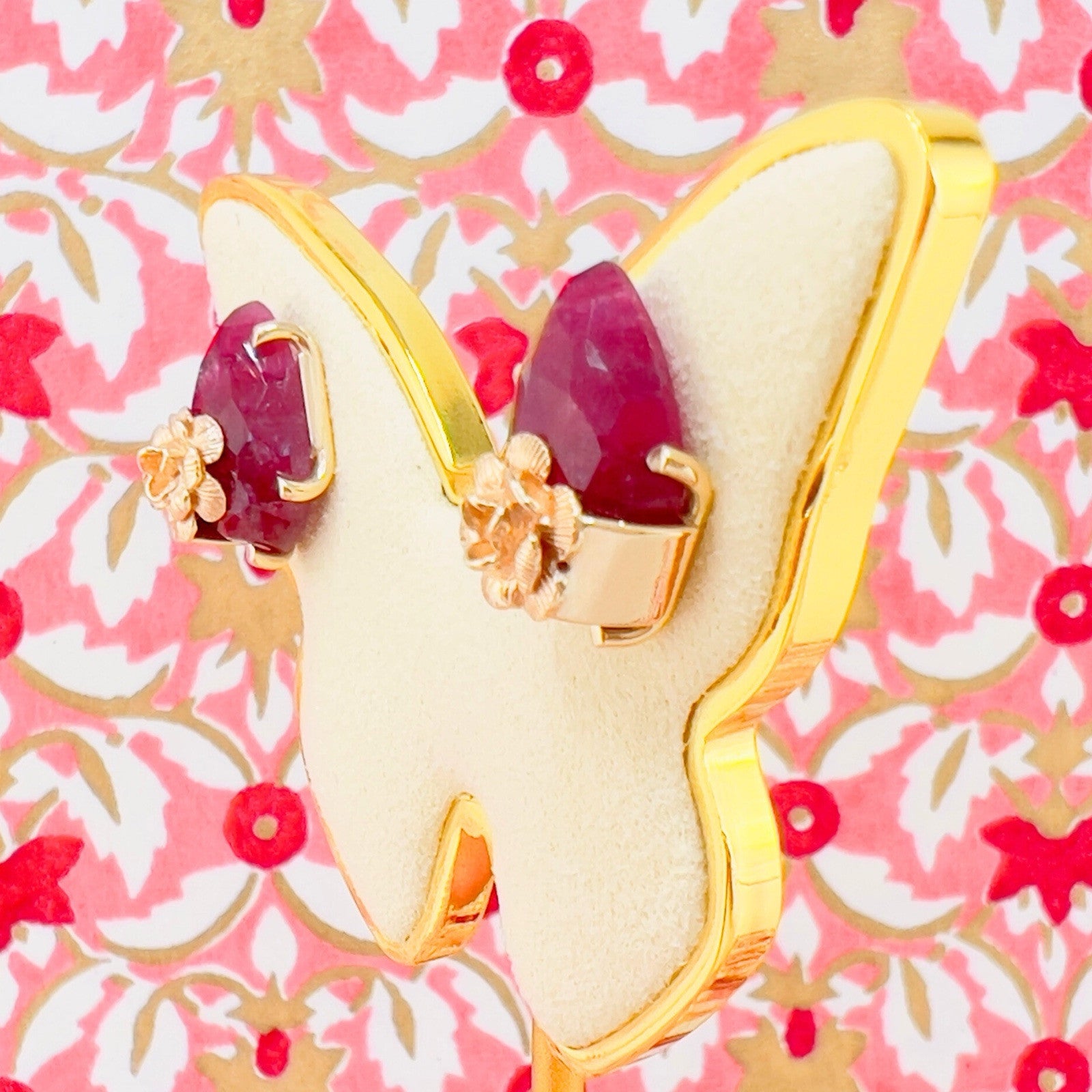 14k Yellow Gold Rose & Tourmaline Stud Earrings, Newly Handcrafted