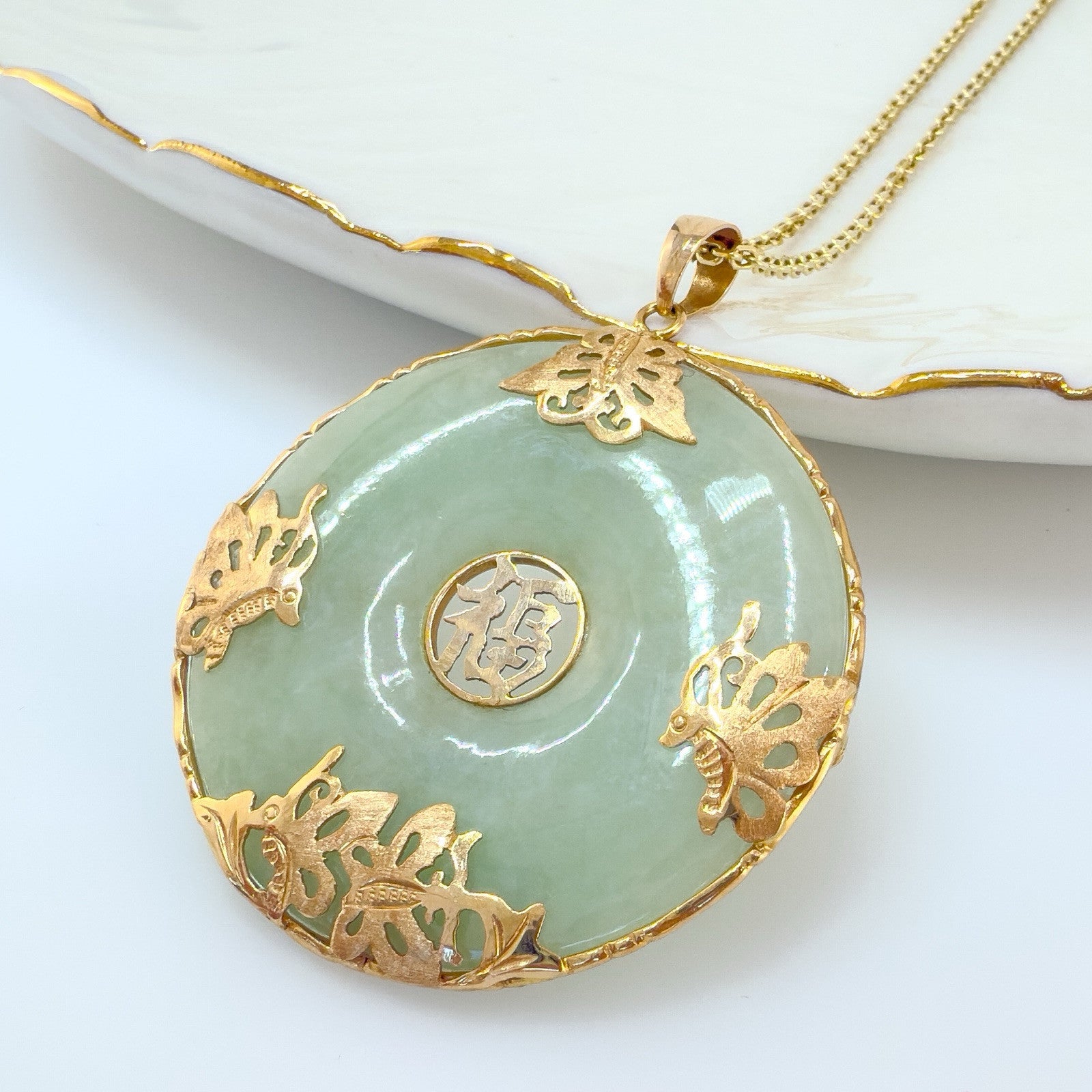 14k Yellow Gold Genuine Apple Green Jadeite Jade Butterfly Luck Pendant