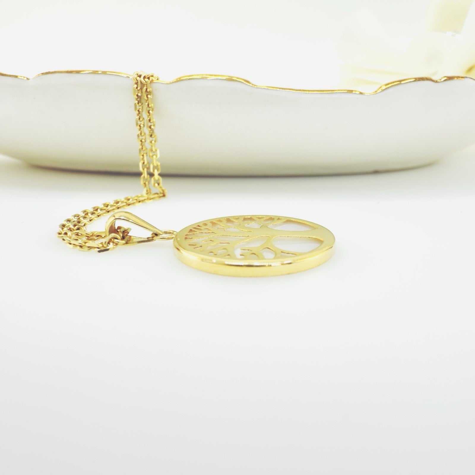 14k Yellow Gold & Genuine Mother of Pearl Tree of Life Charm Pendant, New