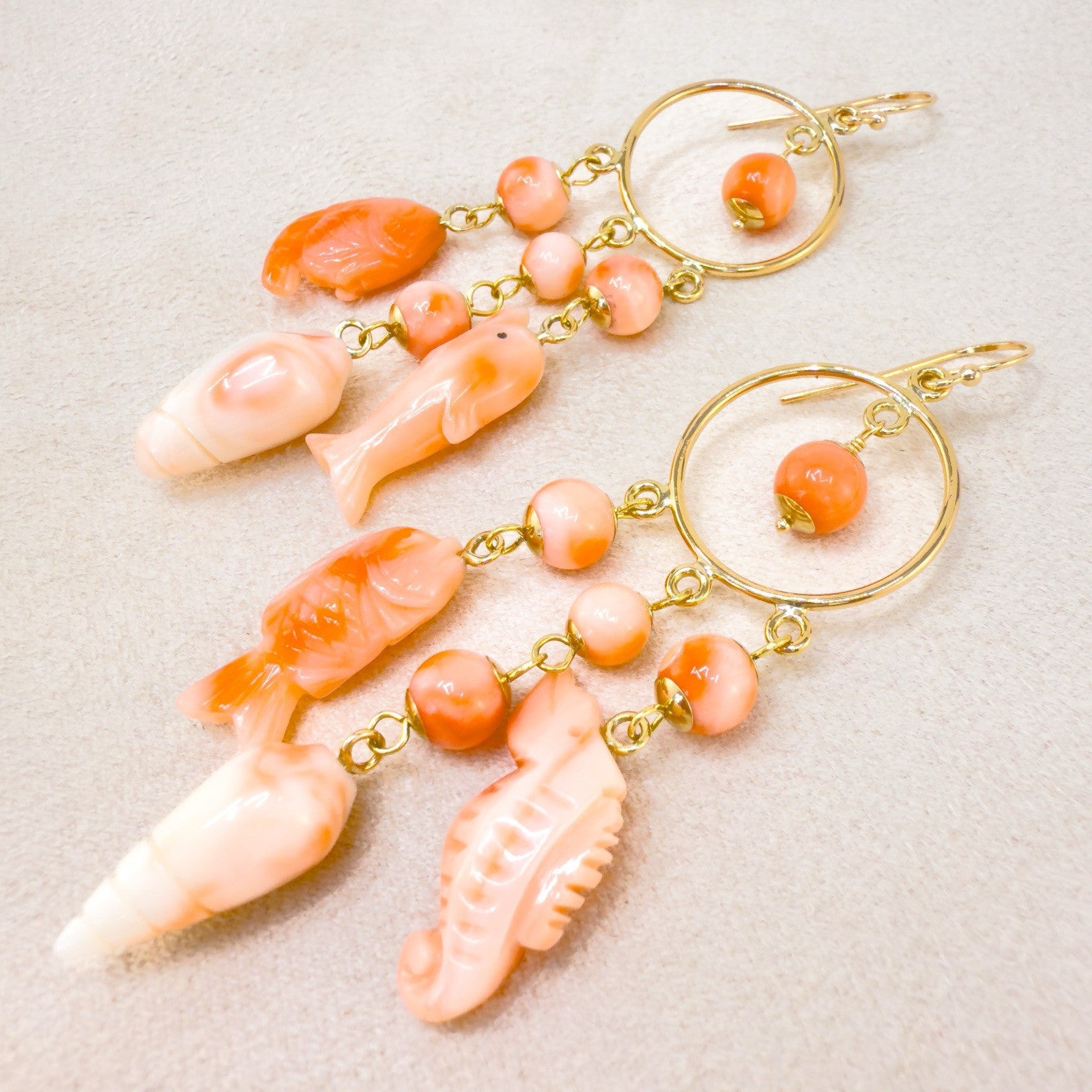 14k Yellow Gold Natural Pink Coral Sealife Chandelier Earrings, Handcrafted