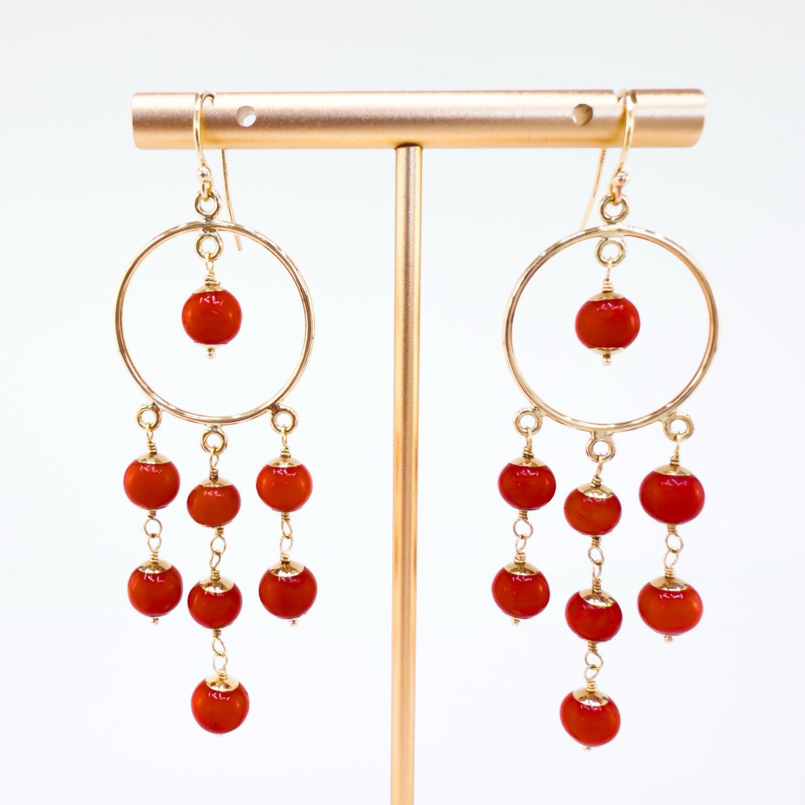 14k Yellow Gold Natural Mediterranean Red Coral Chandelier Earrings, Handcrafted