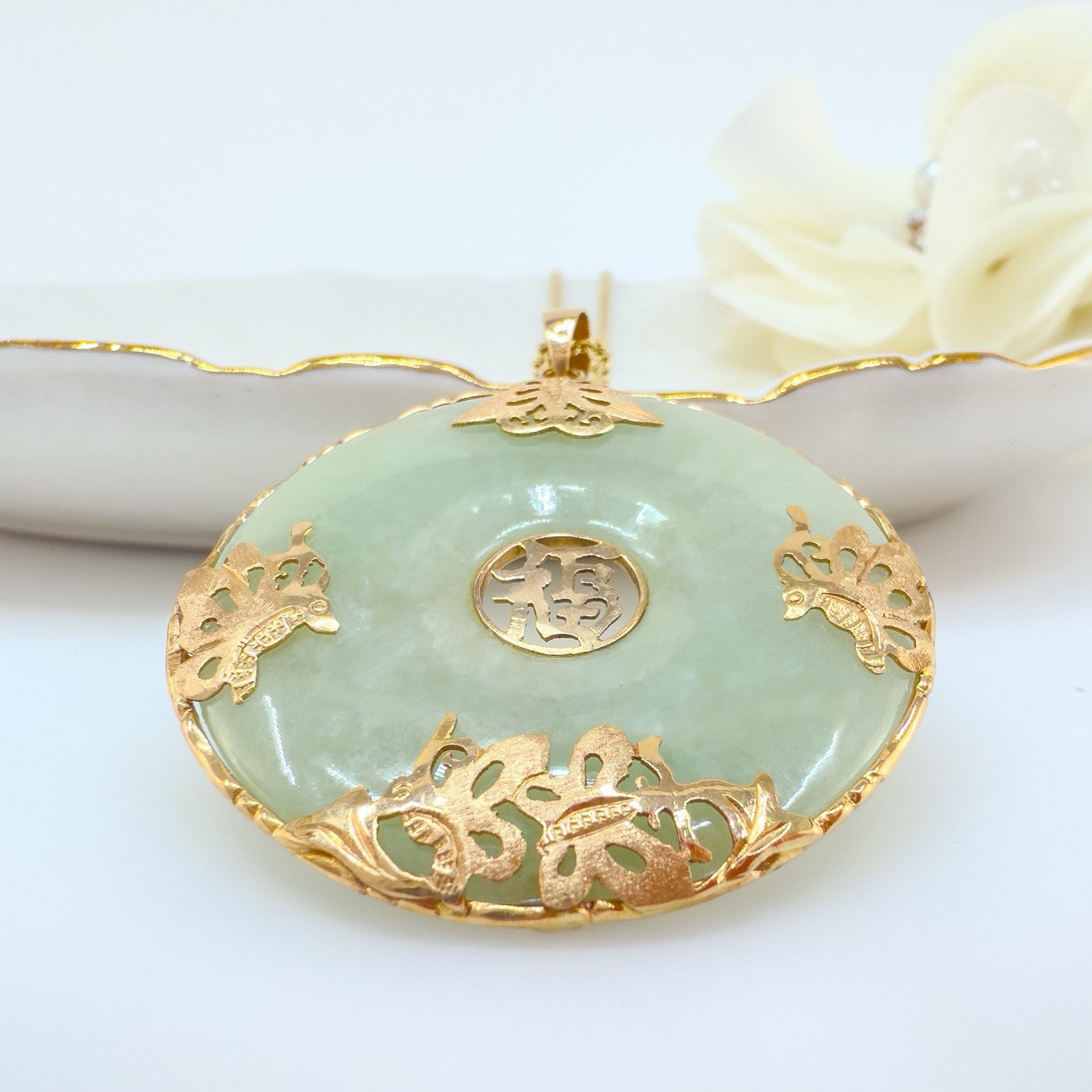 14k Yellow Gold Genuine Apple Green Jadeite Jade Butterfly Luck Pendant