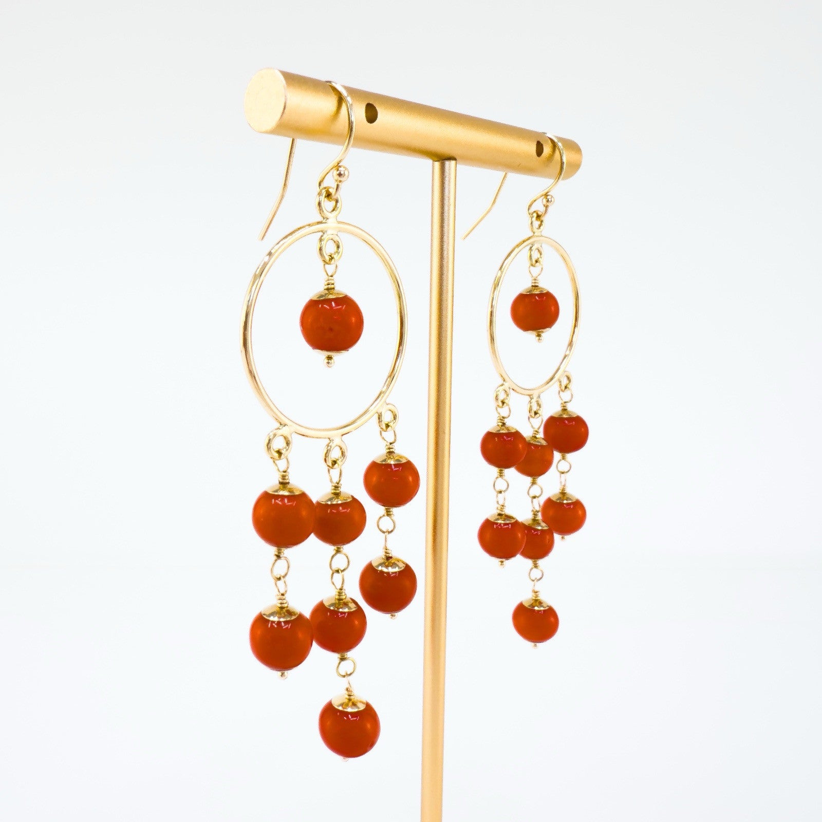 14k Yellow Gold Natural Mediterranean Red Coral Chandelier Earrings, Handcrafted