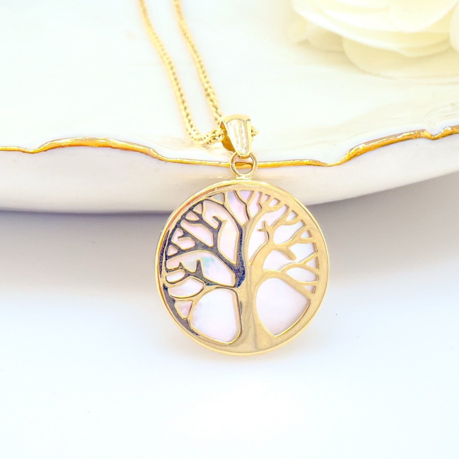 14k Yellow Gold & Genuine Mother of Pearl Tree of Life Charm Pendant, New