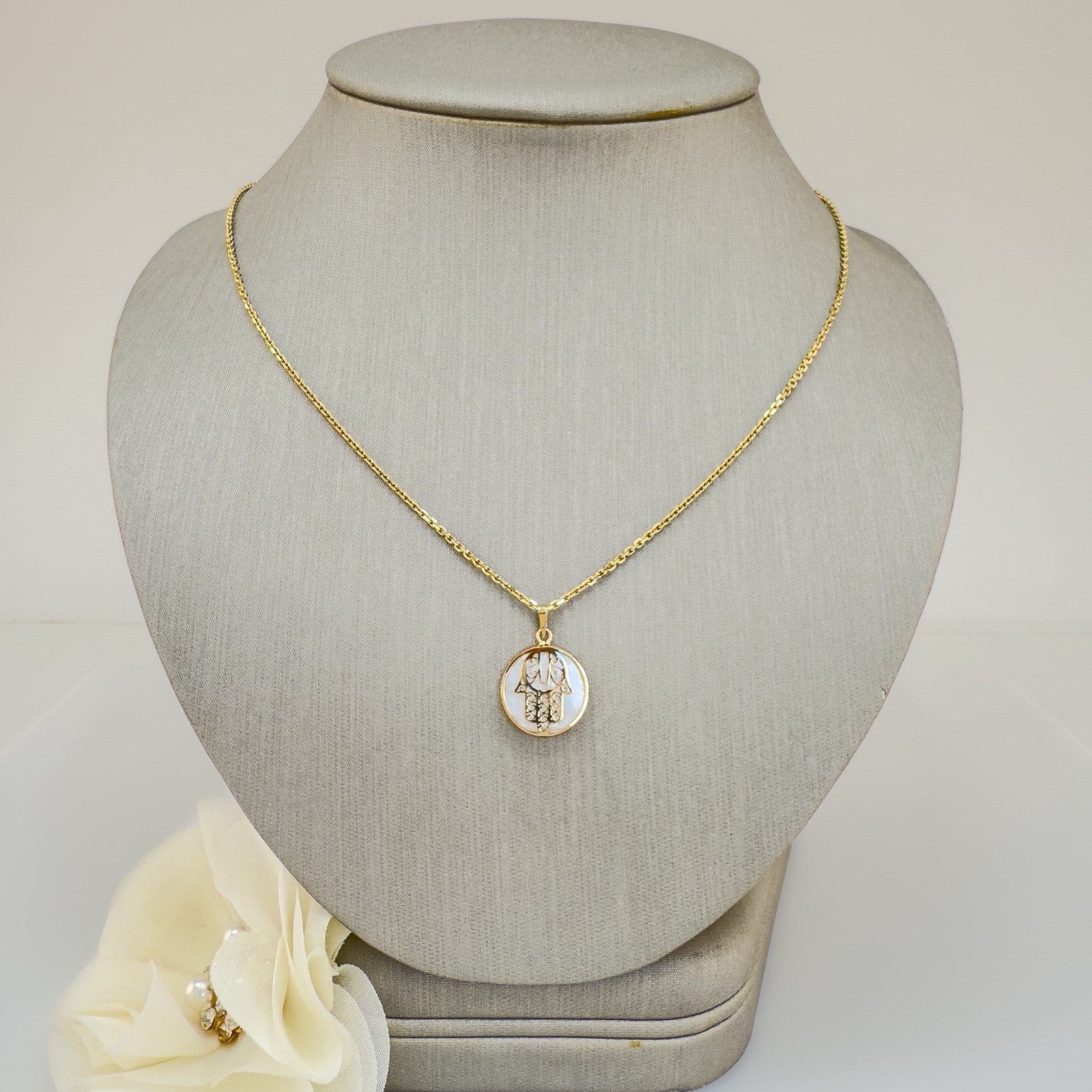 14k Yellow Gold & Genuine Mother of Pearl Hamsa Hand Charm Pendant, New