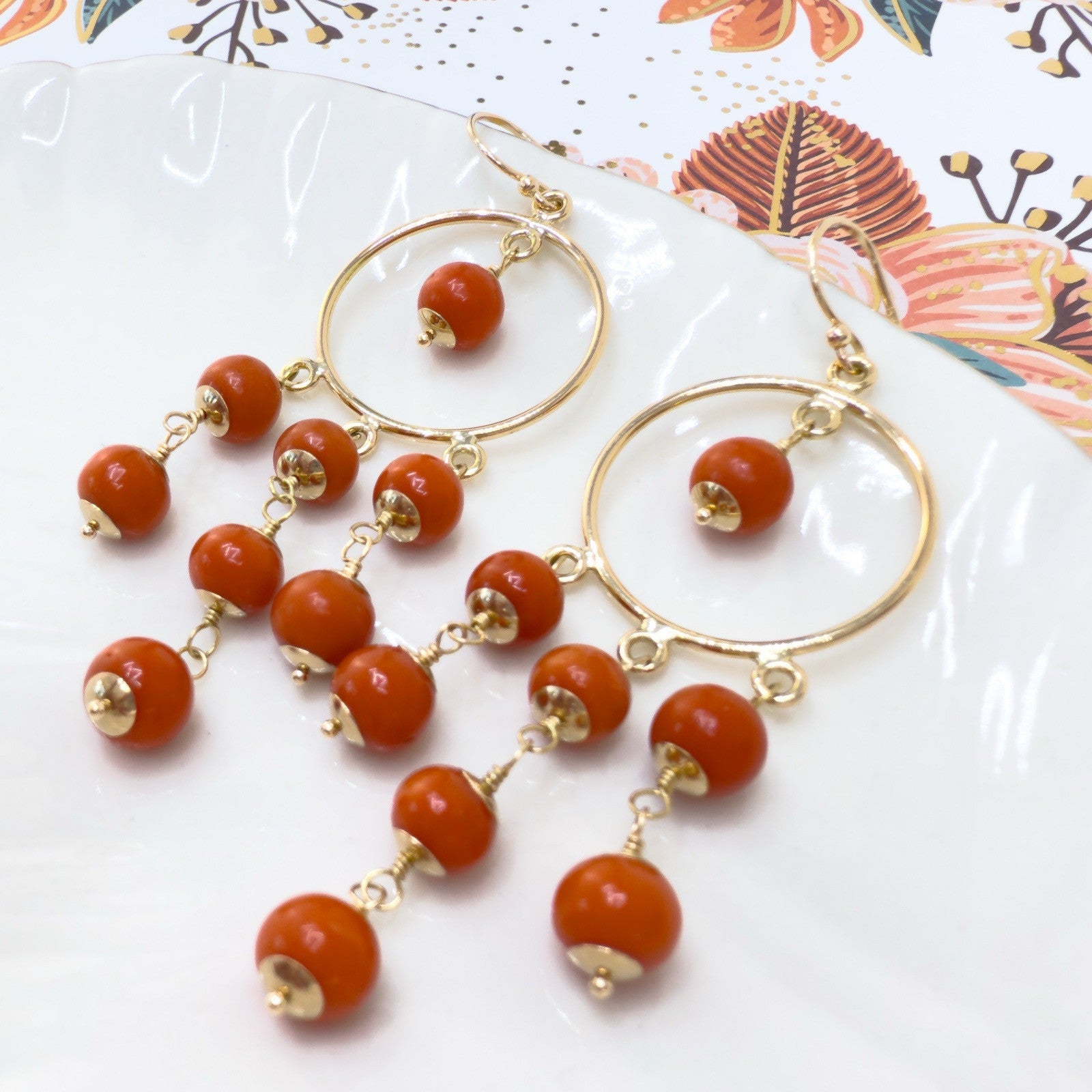 14k Yellow Gold Natural Mediterranean Red Coral Chandelier Earrings, Handcrafted