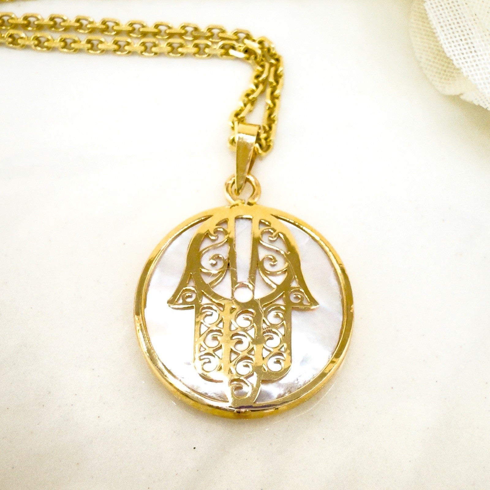 14k Yellow Gold & Genuine Mother of Pearl Hamsa Hand Charm Pendant, New