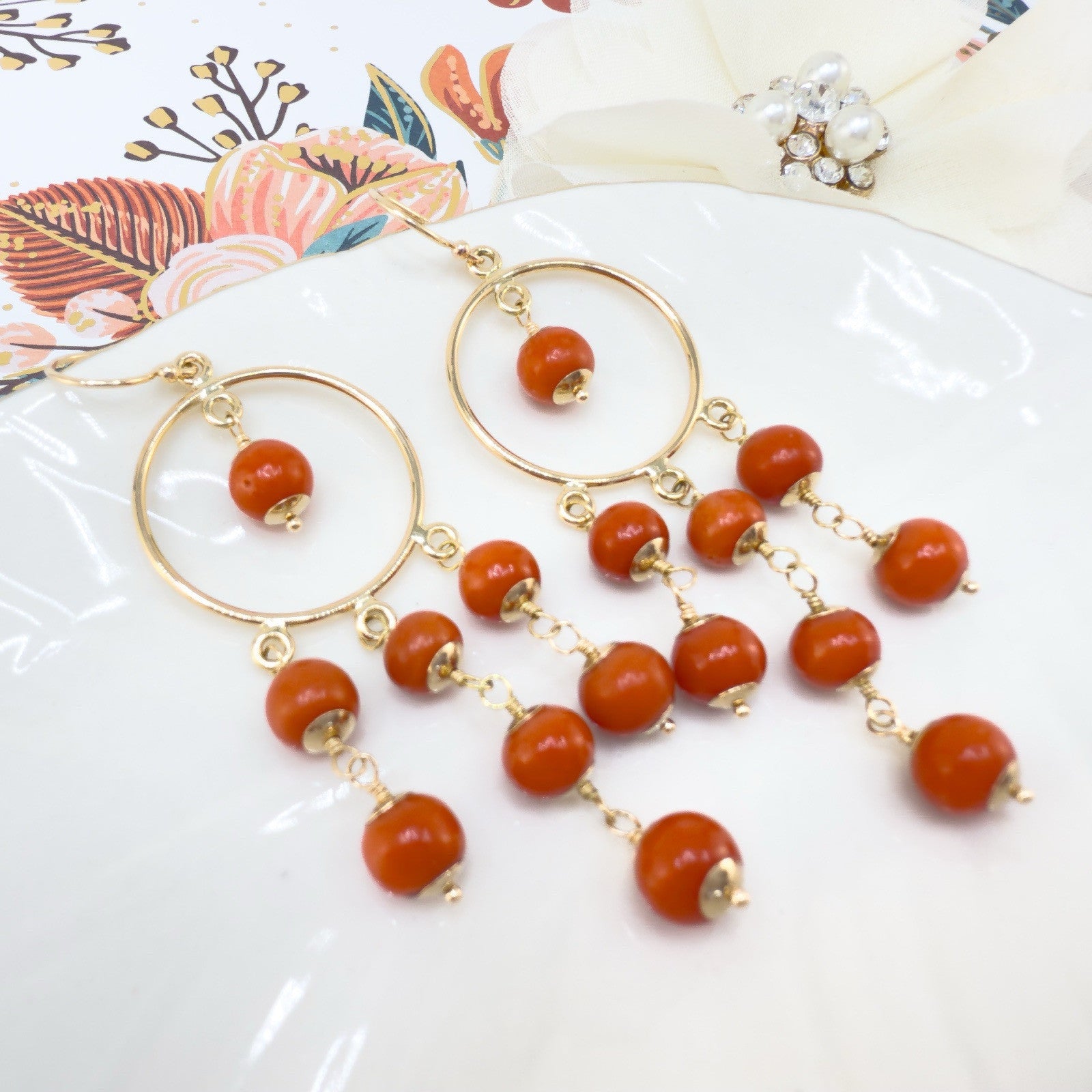 14k Yellow Gold Natural Mediterranean Red Coral Chandelier Earrings, Handcrafted