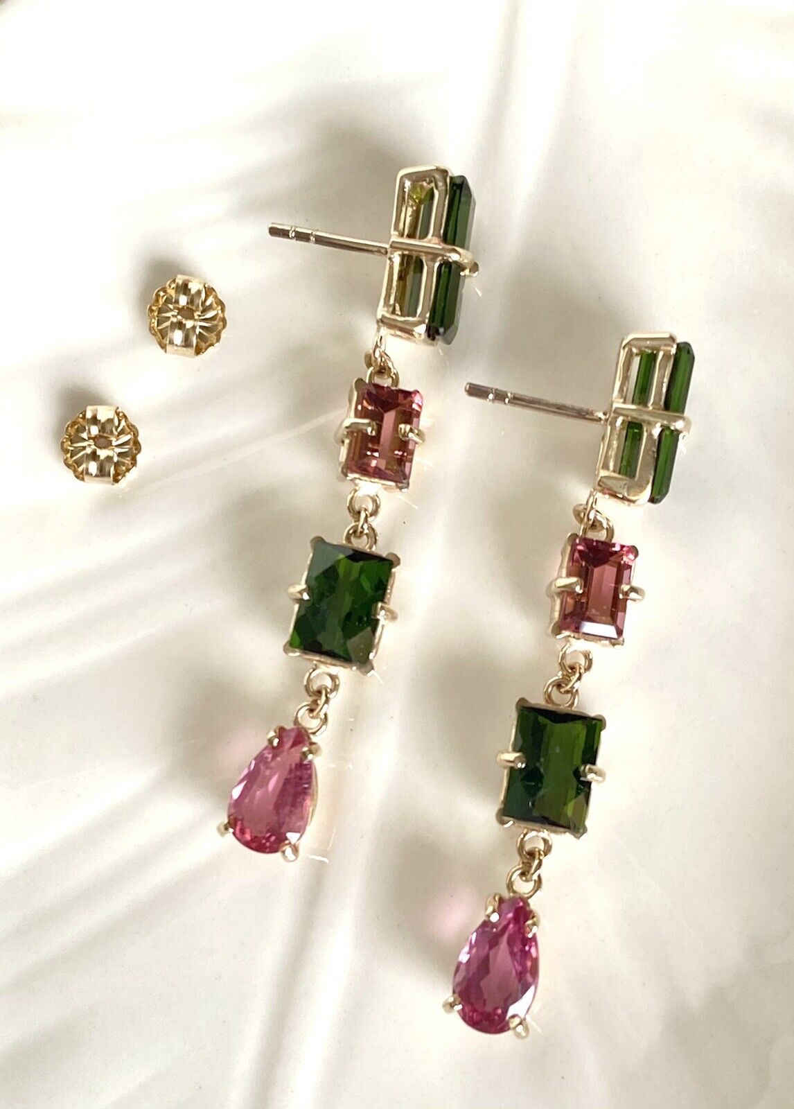 Top-Quality Genuine Tourmaline & Solid 14K Yellow Gold Dangle/Drop Earrings, New