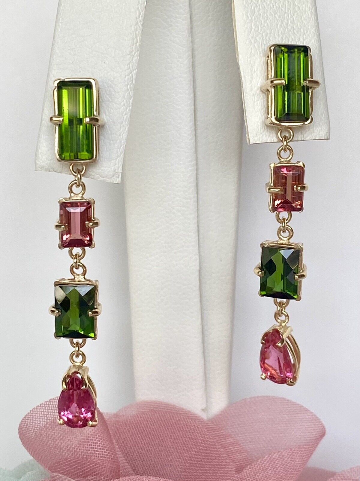 Top-Quality Genuine Tourmaline & Solid 14K Yellow Gold Dangle/Drop Earrings, New