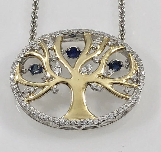 Tree of Life with CZ Halo Sterling Silver & 18kt Necklace, 16-18" , New